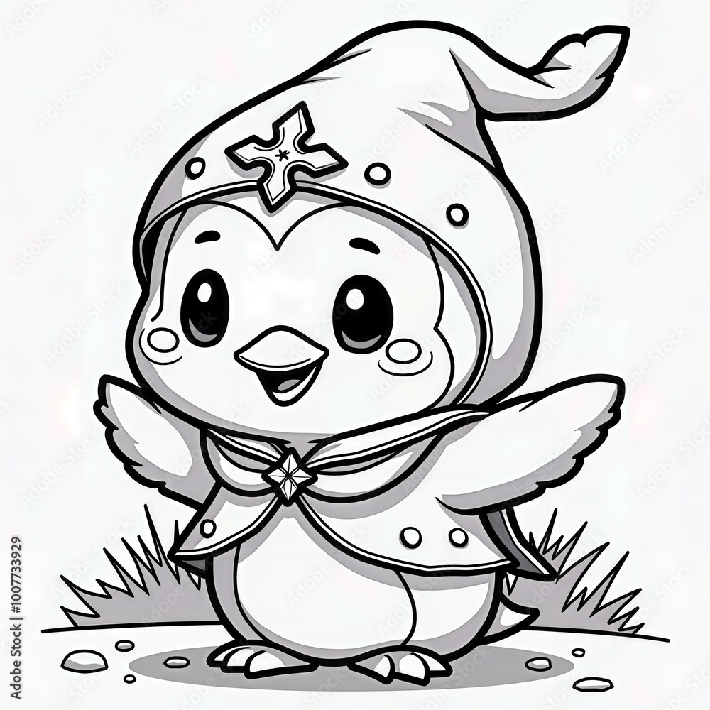 Fototapeta premium Cute Penguin Wizard Coloring Page