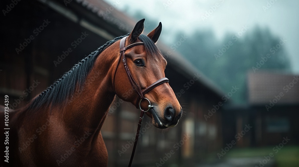 Close-up of a brown horse with a focused expression in a stable environment. Close-up of a brown horse with a focused expression in a stable environment.