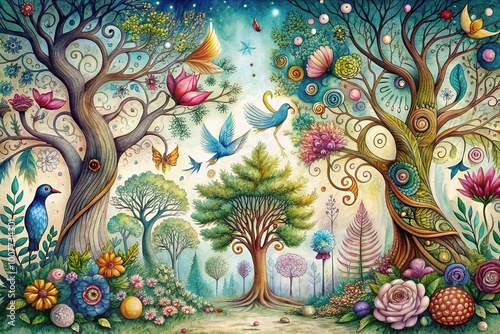 Wallpaper Mural Intricate illustration of a fantastical forest scene with whimsical trees, delicate flowers, and swirling birds, brought to life with bold pen and ink strokes. Torontodigital.ca