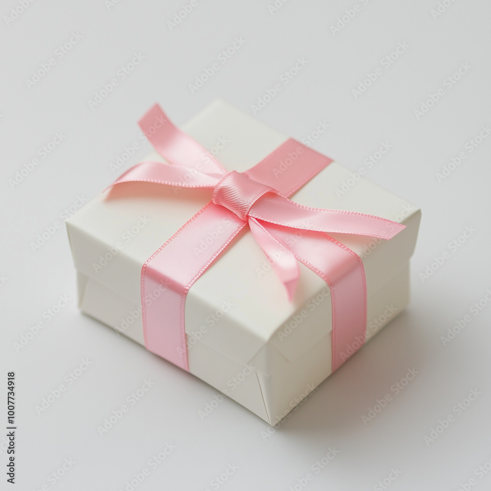 Close-up of a small Valentine gift box tied with a pink ribbon, isolated on a white background, bright and clean lighting, minimal and stylish composition 