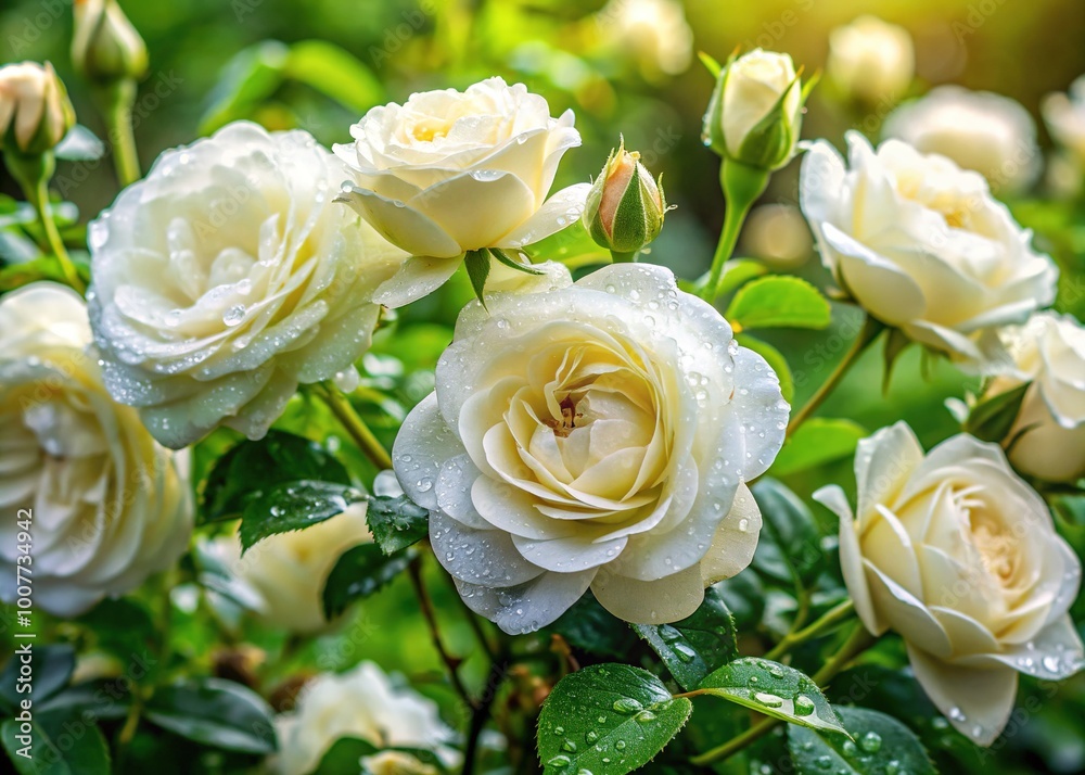 Lush, verdant rose bush bursts with delicate, fully bloomed white roses, surrounded by fresh green leaves and subtle morning dew droplets in soft focus. Lush, verdant rose bush bursts with delicate, fully bloomed white roses, surrounded by fresh green leaves and subtle morning dew droplets in soft focus.