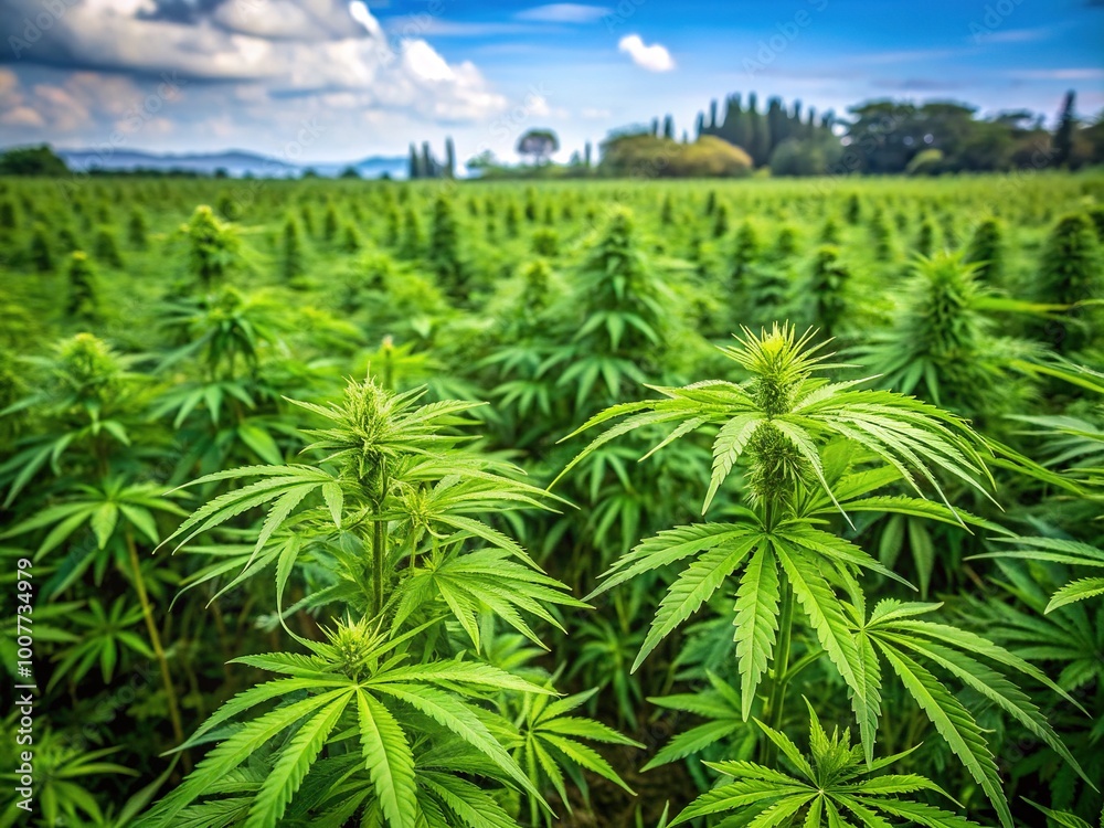 Lush green hemp plants sway in the breeze, densely packed in a well-maintained field with rich soil and a serene natural background. Lush green hemp plants sway in the breeze, densely packed in a well-maintained field with rich soil and a serene natural background.
