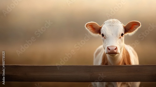 Calf gazing curiously over a wooden fence in a serene farm setting. photo