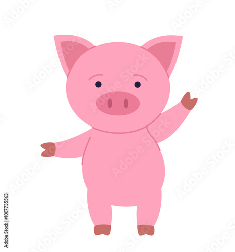 Cute pig sticker. Adorable pink animal dancing. Mammal and cattle. Cute character for kids. Sticker for social networks and messengers. Flat vector illustration