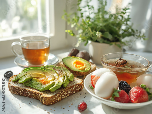 a cozy and inviting image of a healthy breakfast spread featuring whole grain toast with avo photo