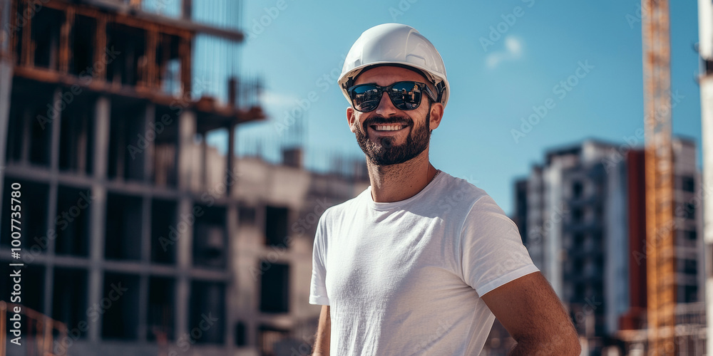 A smiling construction worker wearing a white t-shirt and helmet, sunglasses, with a building site in the background, generative AI A smiling construction worker wearing a white t-shirt and helmet, sunglasses, with a building site in the background, generative AI