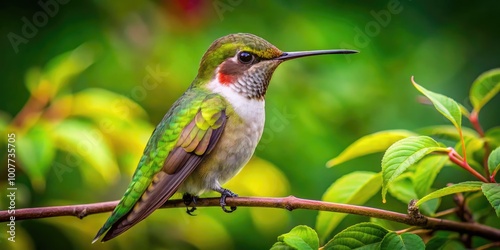 Young Ruby Throated Hummingbird perched on a branch with vibrant green foliage in the background