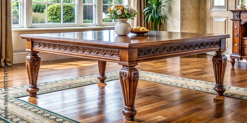 A beautifully crafted sturdy wooden table with a rich brown finish, adorned with ornate legs, sits elegantly in photo