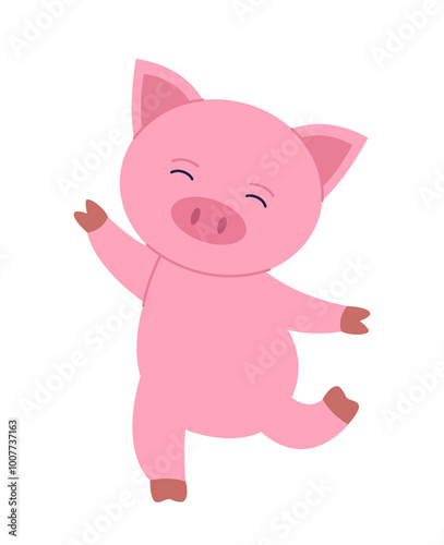 Cute pig sticker. Adorable pink animal dancing. Mammal and cattle, livestock. Cute character for kids. Template and layout. Flat vector illustration
