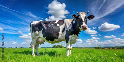 A black and white Holstein cow stands in a green meadow, its distinctive markings creating a striking, high-contrast photo