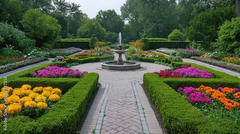 Fototapeta premium A symmetrical formal garden with trimmed hedges, colorful flower beds, and a central fountain, surrounded by neatly paved walkways.