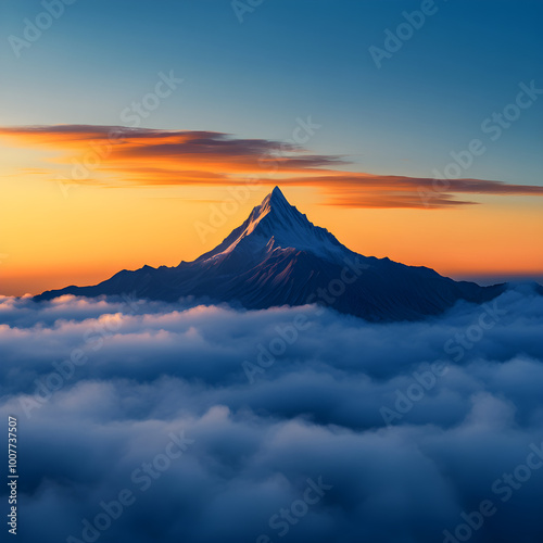 Majestic Mountain Peak Radiating in Golden Dawn Above the Clouds, Epitomizing Natural Resilience and Beauty