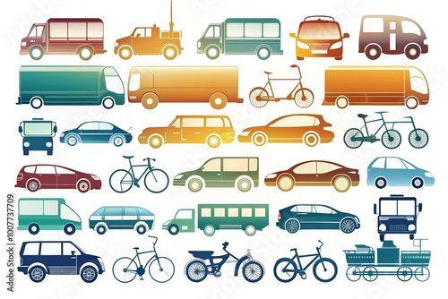 Stylized illustration of various vehicle silhouettes, including cars, buses, trucks, motorcycles, and bicycles, set against a clean white background with subtle gradient effects.