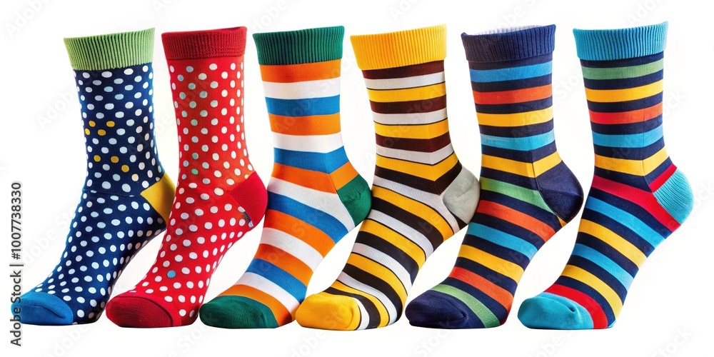 Vibrant, patterned socks with bold stripes, polka dots, and abstract designs add a stylish pop of color to a relaxed, modern lifestyle fashion setting. Vibrant, patterned socks with bold stripes, polka dots, and abstract designs add a stylish pop of color to a relaxed, modern lifestyle fashion setting.
