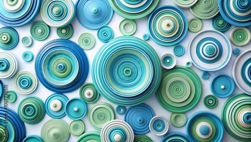 Abstract composition featuring various sizes of concentric circles in shades of blue and green, scattered randomly on a