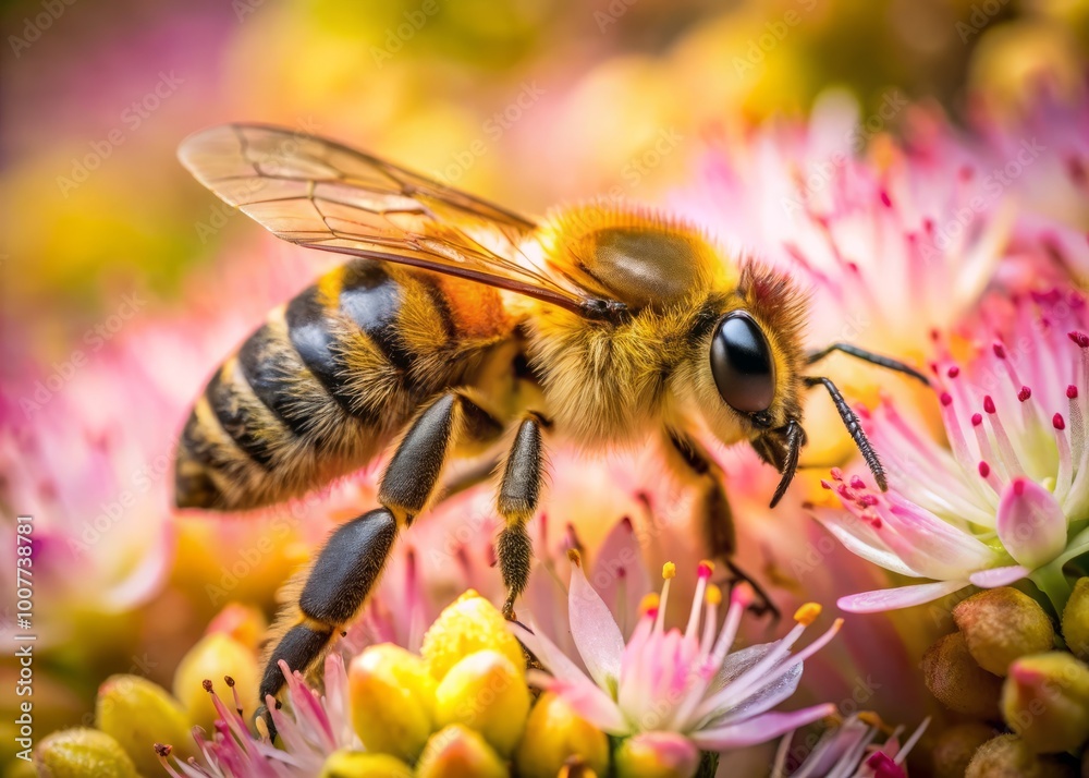 A busy honeybee, with furry yellow and black striped body, collects nectar from a delicate pink flower with A busy honeybee, with furry yellow and black striped body, collects nectar from a delicate pink flower with