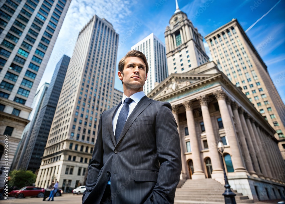 A busy urban lawyer stands confidently in front of a city hall building, surrounded by towering skyscrapers and A busy urban lawyer stands confidently in front of a city hall building, surrounded by towering skyscrapers and