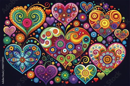 Vibrant colorful vector hearts in various shapes and sizes, intertwined with swirling patterns and abstract designs, perfect for Valentine's Day or love-themed projects.