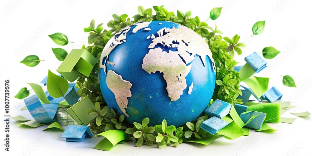 Vibrant green and blue Earth globe surrounded by recycling symbols and fluttering papers, emphasizing eco-friendly practices and environmental sustainability on a white background. Vibrant green and blue Earth globe surrounded by recycling symbols and fluttering papers, emphasizing eco-friendly practices and environmental sustainability on a white background.