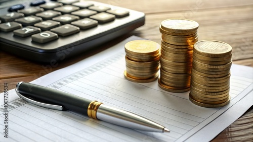 A close-up of a contractual agreement with a calculator and coins, symbolizing a contingency fee arrangement where