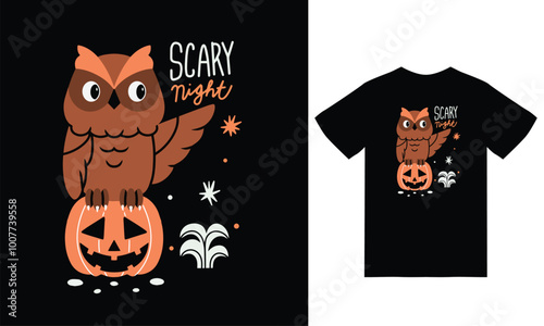 Cute owl halloween illustration with tshirt design vector photo