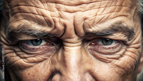 A close-up of a person's eyes, scrunched up and tightly shut, with deep wrinkles and creases on the photo