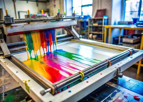 Wallpaper Mural A close-up of a white screen with vibrant multicolored ink dripping from the screen printing press, surrounded by Torontodigital.ca