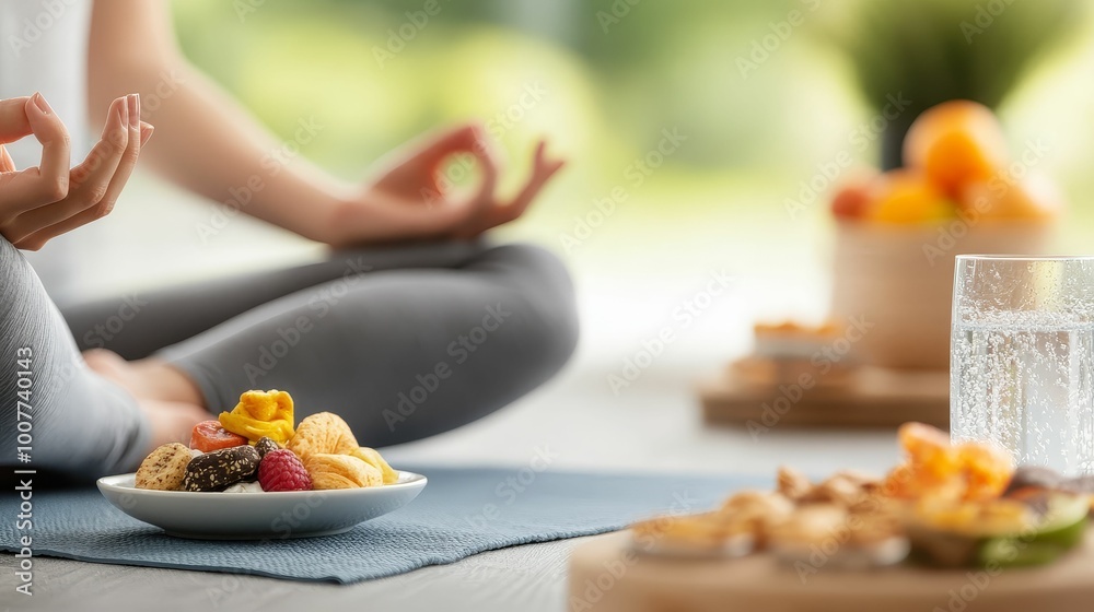 A meditative yoga session surrounded by healthy snacks, symbolizing the harmony of fitness, nutrition, and mindfulness A meditative yoga session surrounded by healthy snacks, symbolizing the harmony of fitness, nutrition, and mindfulness