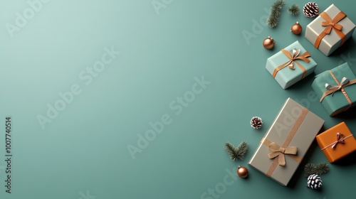 Colorful wrapped gifts with decorations on a mint green background. photo