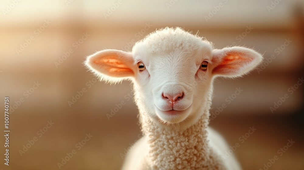 Fototapeta premium Cute sheep with fluffy wool, looking curiously at the camera.