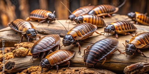 A collection of Blaptica dubia roaches, also known as Dubia roaches, crawling and perching on a wooden log, photo