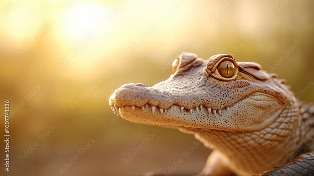 Obraz premium Crocodile close-up, detailed texture, warm sunlight in the background
