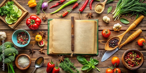 A colorful cookbook lies open on a rustic wooden table, surrounded by fresh ingredients and utensils, offering a photo