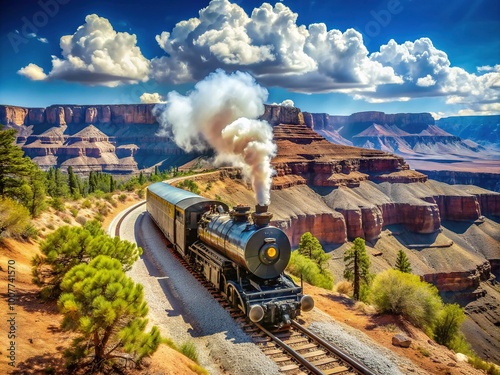 Vintage steam train chugs along the rustic Grand Canyon Railway tracks, surrounded by breathtaking Arizona landscape and vast expanse of turquoise sky. photo