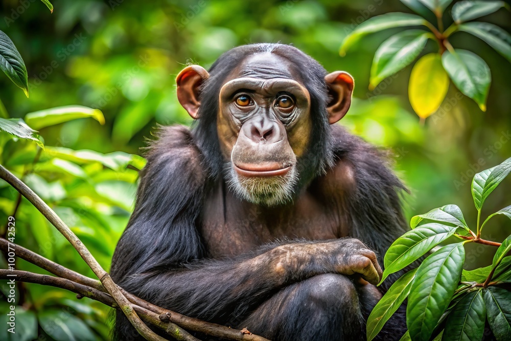 A curious adult chimpanzee with expressive eyes and gentle demeanor sits on a tree branch amidst lush green A curious adult chimpanzee with expressive eyes and gentle demeanor sits on a tree branch amidst lush green