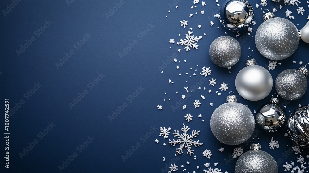 Silver Christmas ornaments and snowflakes on a blue background. Silver Christmas ornaments and snowflakes on a blue background.