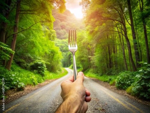 A decisive hand hovering over a fork in the road, surrounded by lush greenery, symbolizing the power of photo