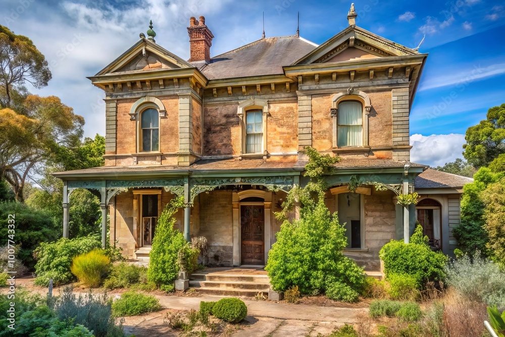 A deserted, worn-out Victorian-era house in Adelaide, with peeling paint, broken shutters, and overgrown gardens,