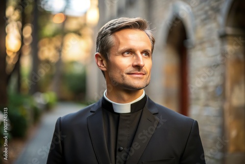 A dignified Christian minister wears a traditional white clerical collar and black vestments, conveying spirituality photo