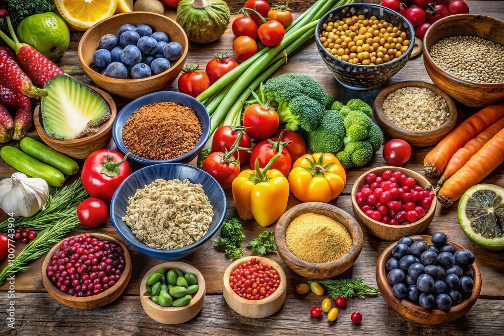 A diverse selection of fresh fruits, vegetables, and whole grains artfully arranged on a table, promoting healthy A diverse selection of fresh fruits, vegetables, and whole grains artfully arranged on a table, promoting healthy