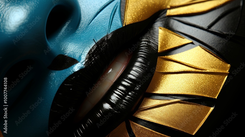 A close-up view of a face painted in vibrant blue, black, and gold, highlighting the intricate details of the design and showcasing the contrast of the colors. A close-up view of a face painted in vibrant blue, black, and gold, highlighting the intricate details of the design and showcasing the contrast of the colors.
