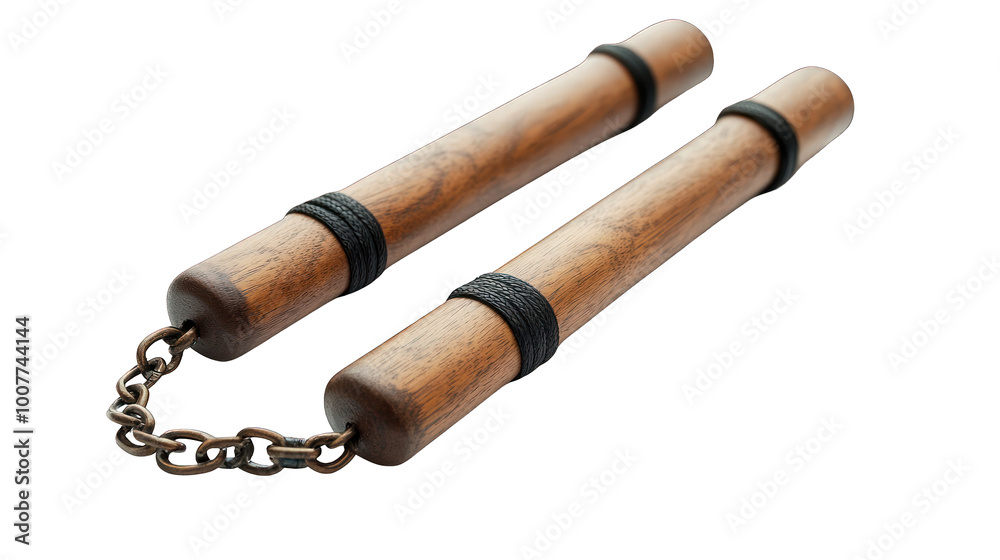 view of a pair of nunchucks with a wooden finish and chain link transparant background view of a pair of nunchucks with a wooden finish and chain link transparant background