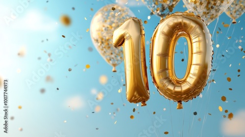 The image features golden balloons in the shape of the number 10, surrounded by floating confetti, implying a celebration of a tenth anniversary or milestone.