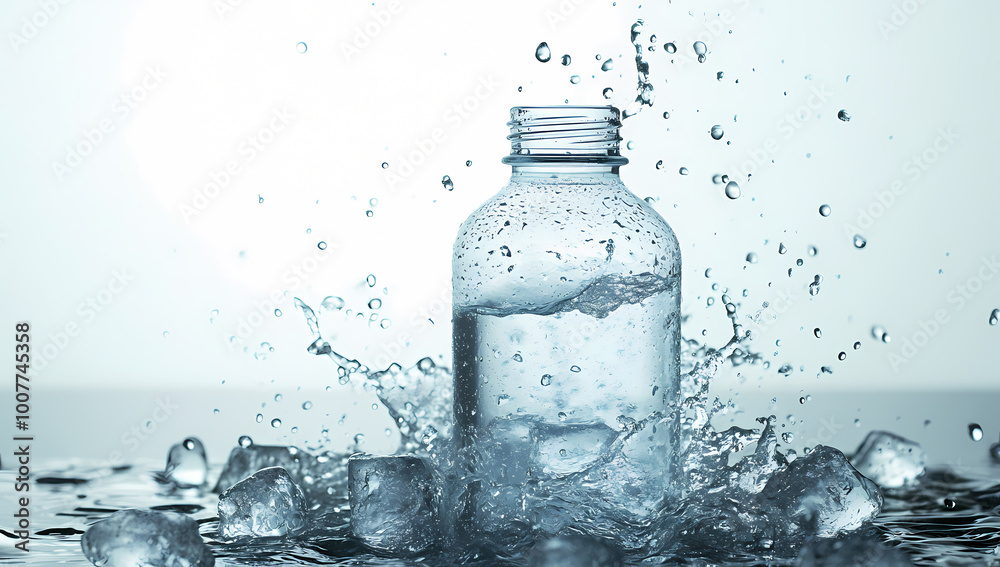 Stunning water bottle with ice cubes and splashes in detail Stunning water bottle with ice cubes and splashes in detail