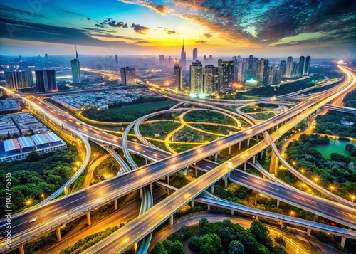 Aerial view of a sprawling city with complex network of roads, highways, and railways, overlaid with a detailed