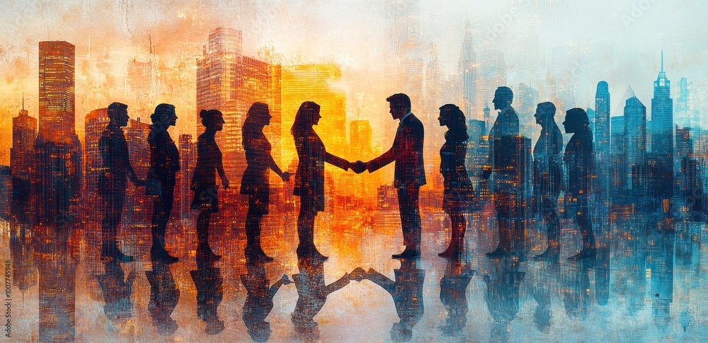 Silhouettes of People Handshake in City Skyline Silhouettes of People Handshake in City Skyline