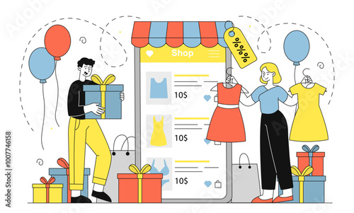 People with online store. Man with gift box and woman with dresses near smartphone. Consumer and customer buy apparel on internet. Discount and sale, promotion. Linear vector illustration