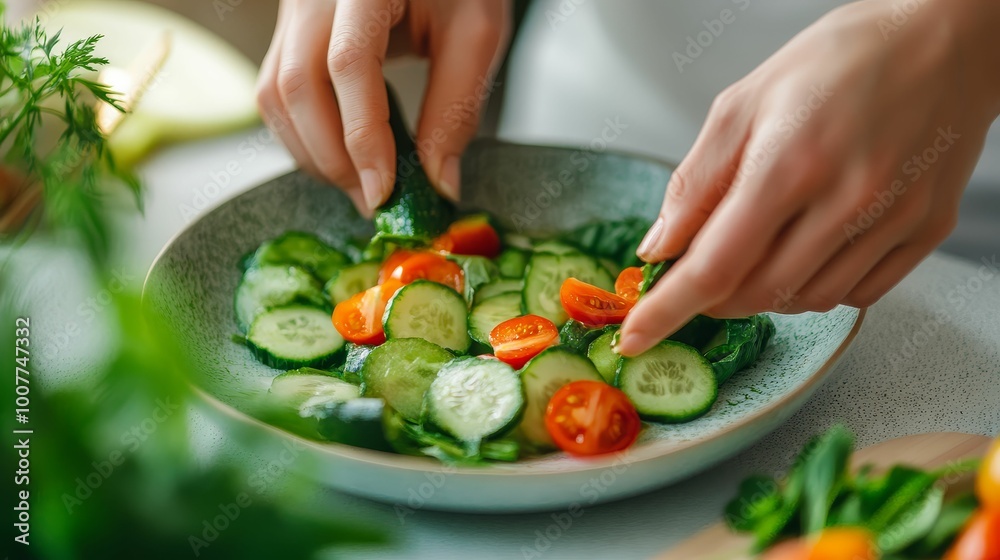 A close-up of hands arranging a healthy meal on a plate, emphasizing the mindful approach to food and nutrition A close-up of hands arranging a healthy meal on a plate, emphasizing the mindful approach to food and nutrition