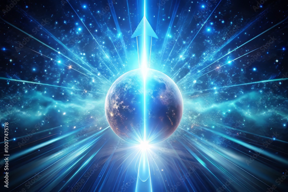 A glowing blue arrow bursts forth from a small sphere, radiating vibrant rays of light, symbolizing growth,