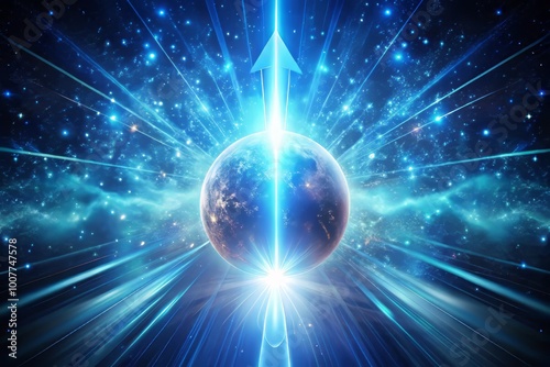 A glowing blue arrow bursts forth from a small sphere, radiating vibrant rays of light, symbolizing growth,